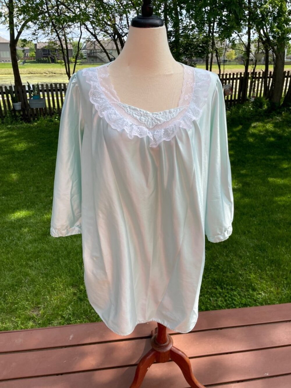 Vintage Stardust Womens Mint Green Nightgown With Lace Trim & 3/4 Sleeves